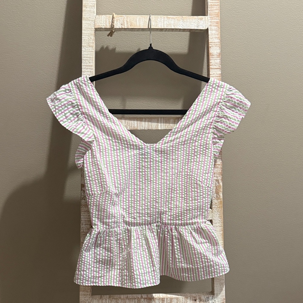 Draper James Striped Peplum Top - Pink, Green and White